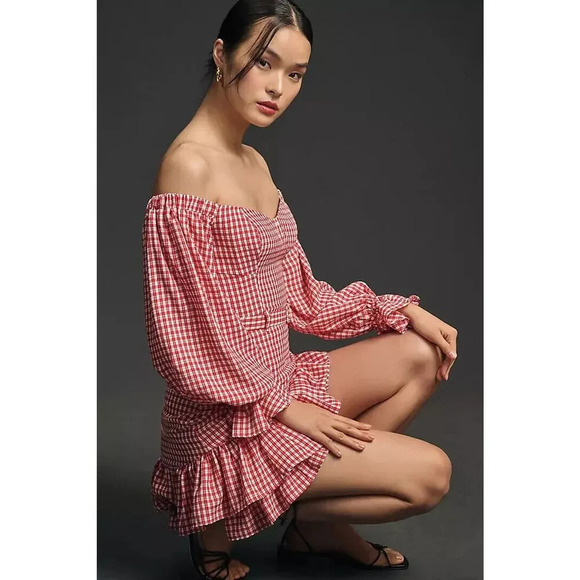 NWT Maeve Anthropologie Off Shoulder Ruffle Plaid Mini Dress Sz 12 red #9M408 - Picture 3 of 13